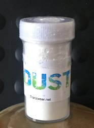 Clear container with white powder. Words DUST on it